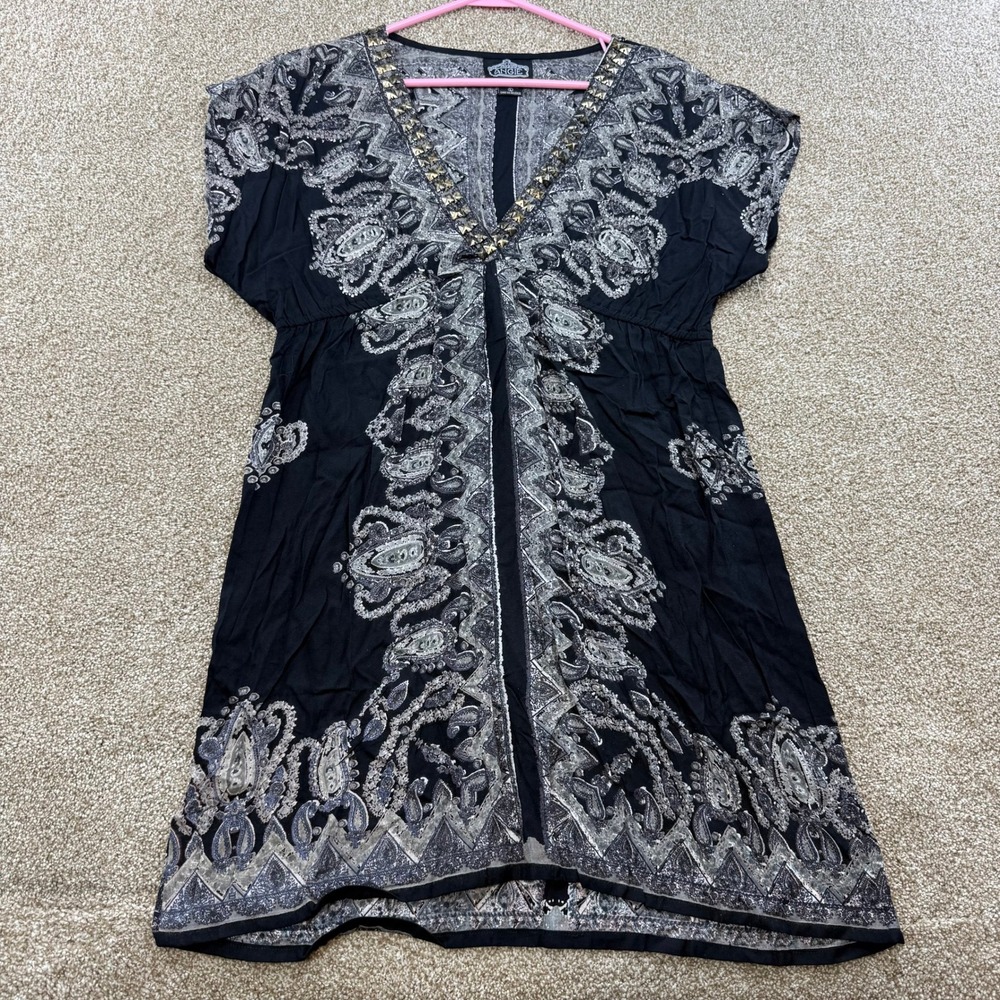 Angie Womens Large Black Gray Paisley Studded Tunic Mini Dress Boho Festival